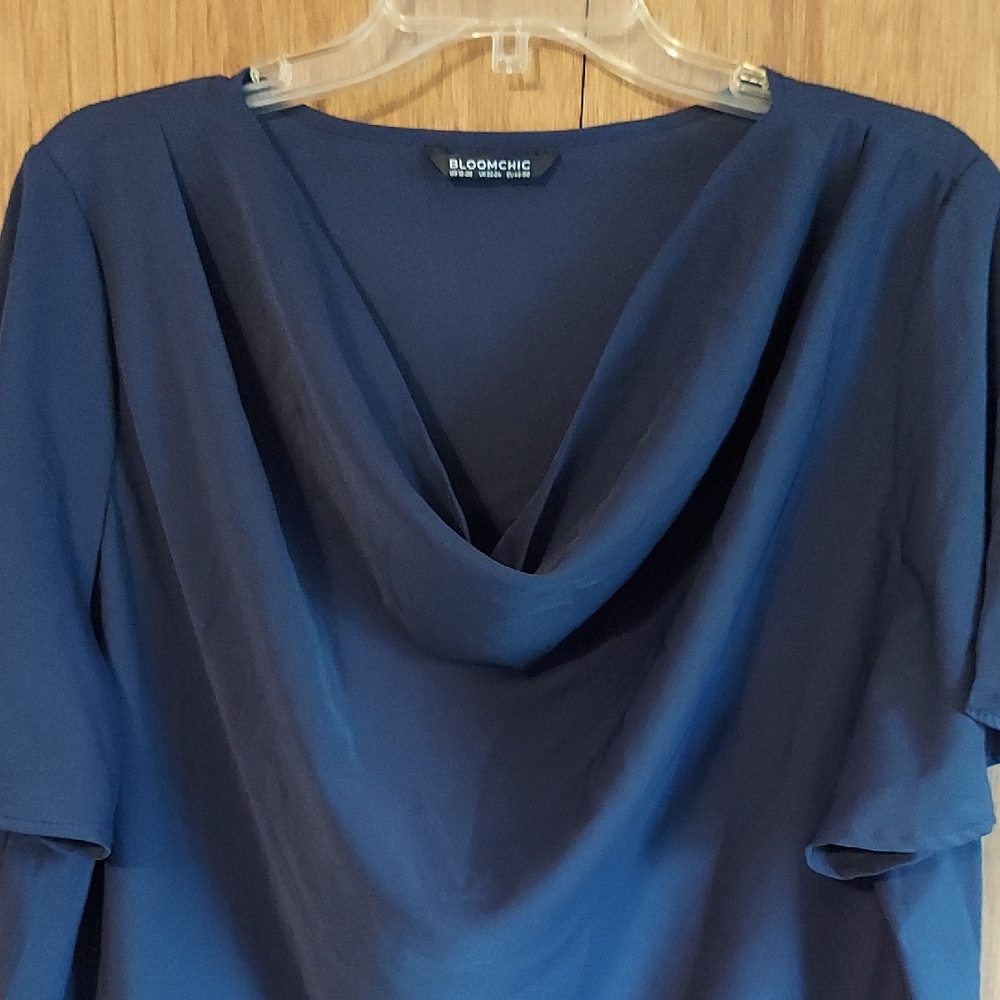 BloomChic Women's Elegant Blue Cowl Neck Flutter Sleeve Blouse